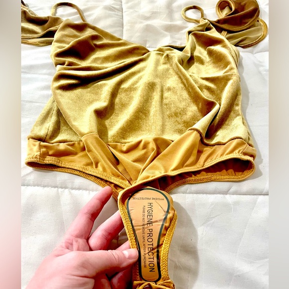 Lulus I'm Flattered Mustard/Light Brown Velvet Bodysuit! - Picture 9 of 14